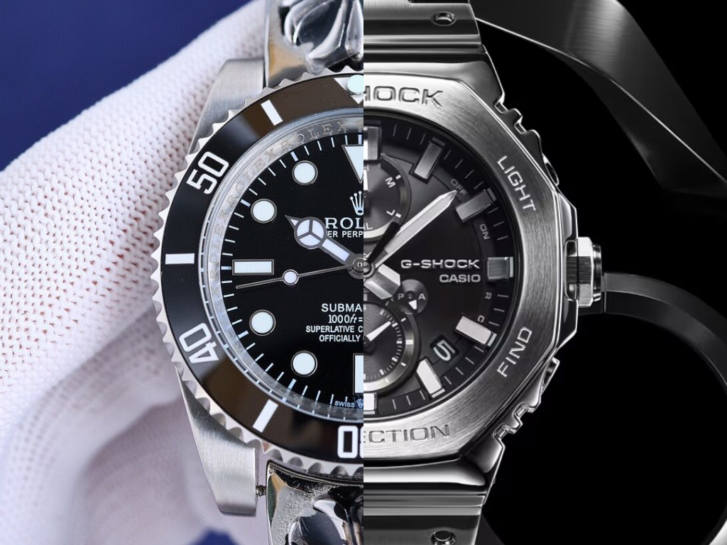 A Rolex Submariner - egy népszerű mechanikus óra (balra) és a Casio GMC-B2100D-1A kvarcóra (jobbra). (A kép forrása: Merit Trends és Casio - szerkesztés)