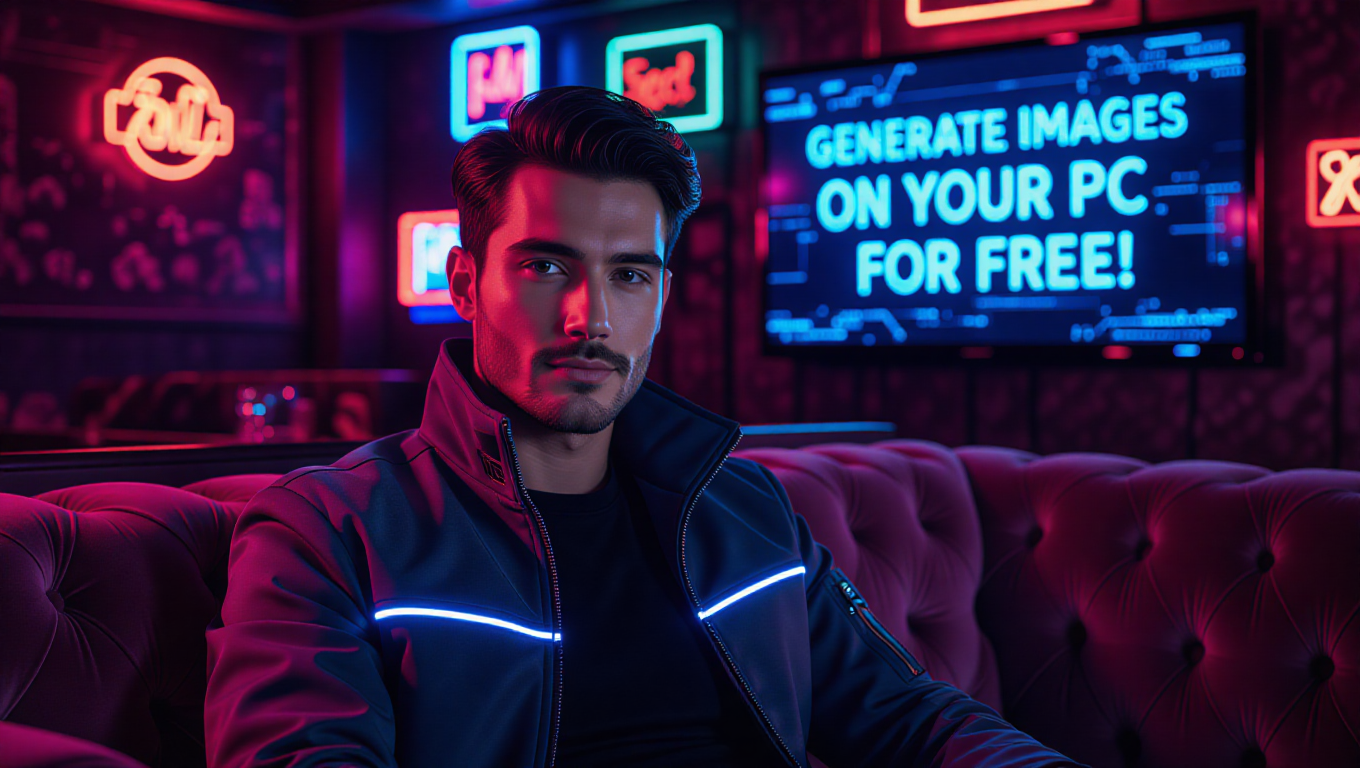 Mesterséges intelligencia által generált kép egy férfiról, aki neonfényű cyberpunk dzsekiben ül egy kanapén egy elegáns klubban. A mögötte lévő tévé feliratot olvas: "GENERÁLJ KÉPEKET A SZÁMÍTÓGÉPEDEN INGYEN" (Kép forrása: AI Generated)