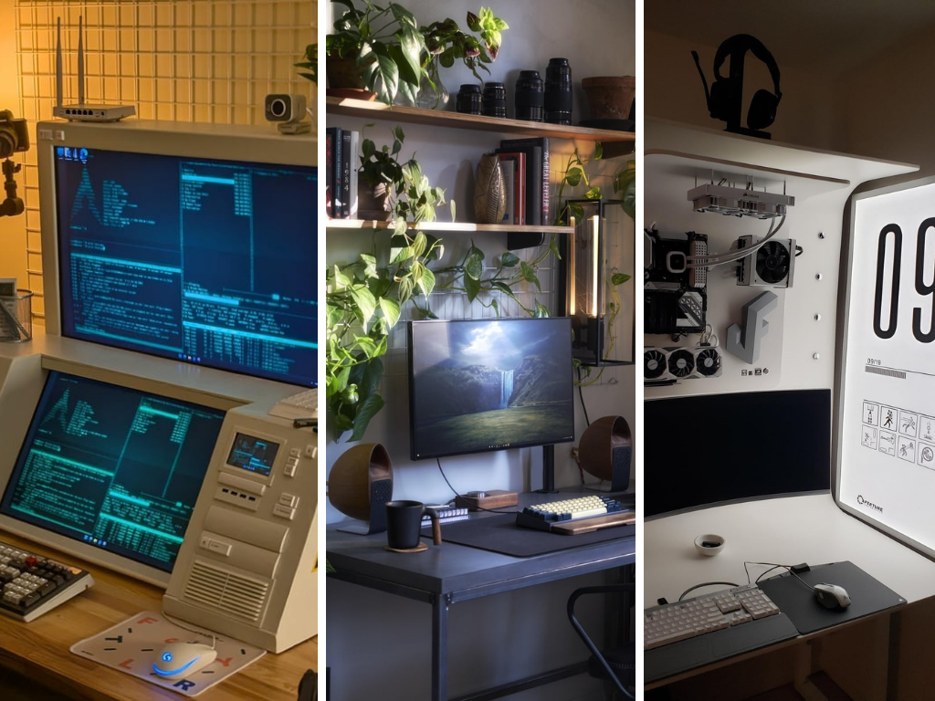 Az r/battlestations oldalon találhatsz retro-futurisztikus építményeket, amelyek pusztán jól néznek ki, valamint funkcionális, nagy számítási teljesítményű összeállításokat. A képen három különböző összeállítás a subredditről. (Kép forrása: r/battlestations - Szerkesztve)
