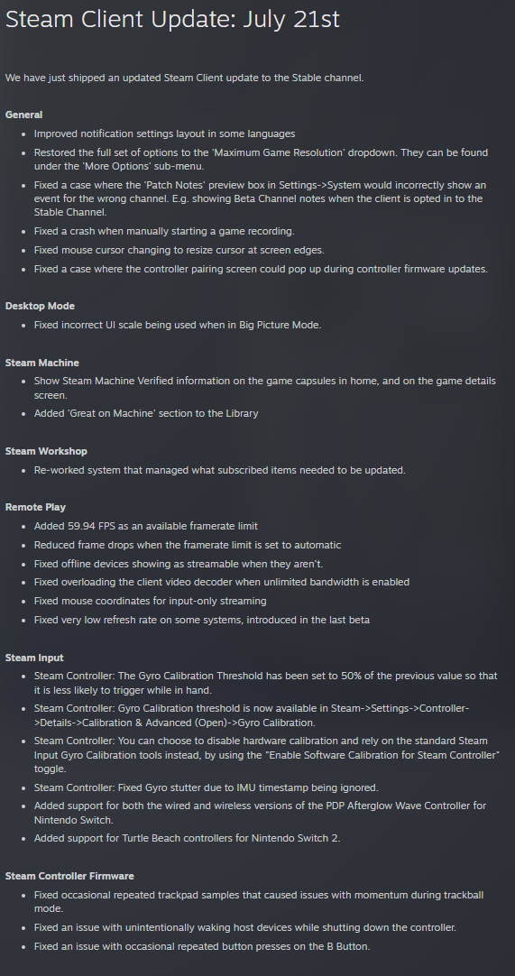 A Steam hivatalos frissítési jegyzetei.