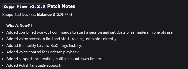 A Zepp Flow v2.2.0 kiadásának megjegyzései. (Kép forrása: Képernyőkép a Discordról)