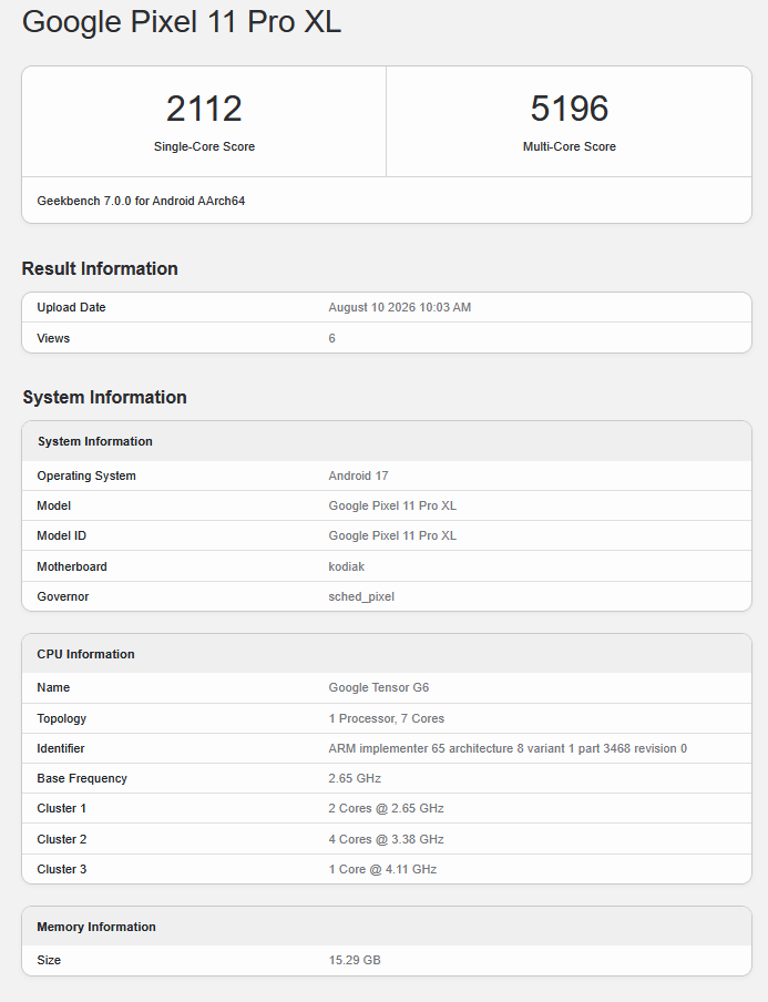 A Google Tensor G6 Geekbench-listája