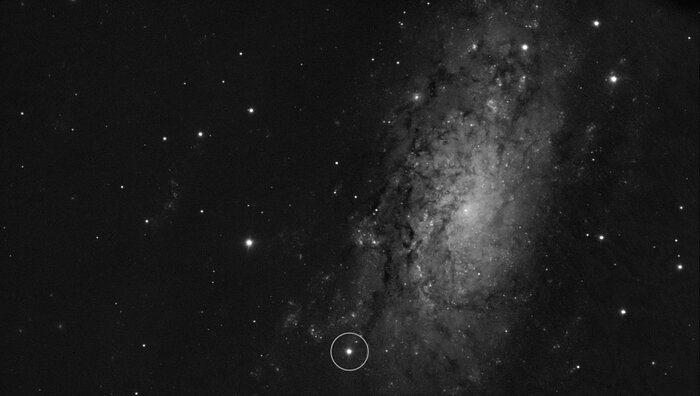 Az SN 2024ggi szupernóva helyét bemutató kép az NGC 3621 galaxisban. (A kép forrása: ESO/Y. Yang et al.)