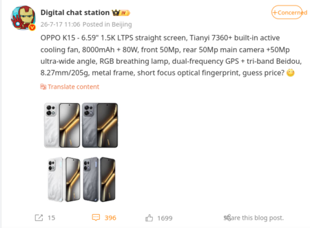 Az Oppo K15 műszaki adatai és két színváltozata a DCS Weibo-bejegyzésében szerepelnek (gépi fordítás)
