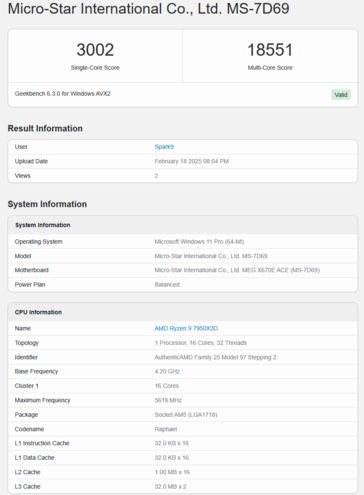 Ryzen 9 7950X3D Geekbench (kép forrása: Geekbench)