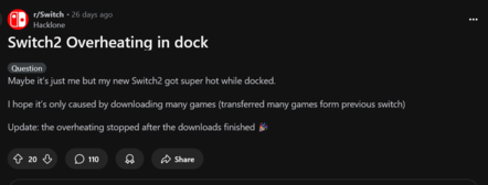 Switch 2 dokkoló túlmelegedése Reddit-poszt (Kép forrása: screenshot, Switch subreddit)