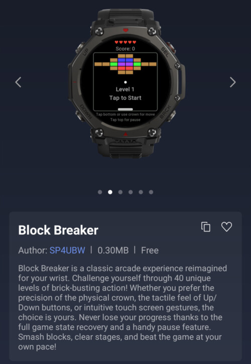 A Block Breaker Mini alkalmazás Amazfit okosórákhoz