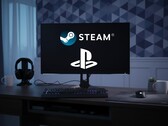 Steam és PlayStation logók a PC monitoron