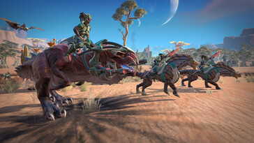 Egy kép, amelyen amazonok és dinoszauruszok láthatók az Age of Wonders: Planetfall című játékból.