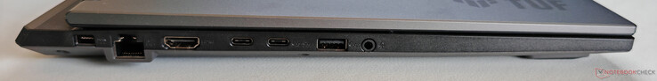 Balra: tápegység, Gigabit Ethernet, HDMI 2.1 FRL, USB-C 3.2 Gen2 (10 Gbps, DisplayPort 2.1-out), USB-C 3.2 Gen.2 (10 Gbps, DisplayPort 2.1-out, G-Sync, Power Delivery 3.0), USB-A 3.2 Gen2 (10 Gbps), 3,5 mm-es audiocsatlakozó