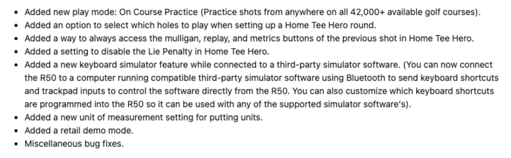 A Garmin Approach R50 8.40-es rendszerszoftverének változásnaplója. (Kép forrása: képernyőkép a Garmin fórumról)