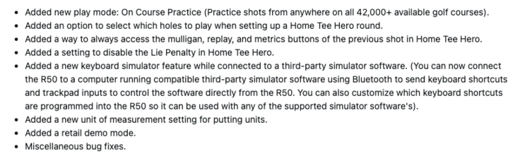 A Garmin Approach R50 8.40-es rendszerszoftverének változásnaplója. (Kép forrása: képernyőkép a Garmin fórumról)