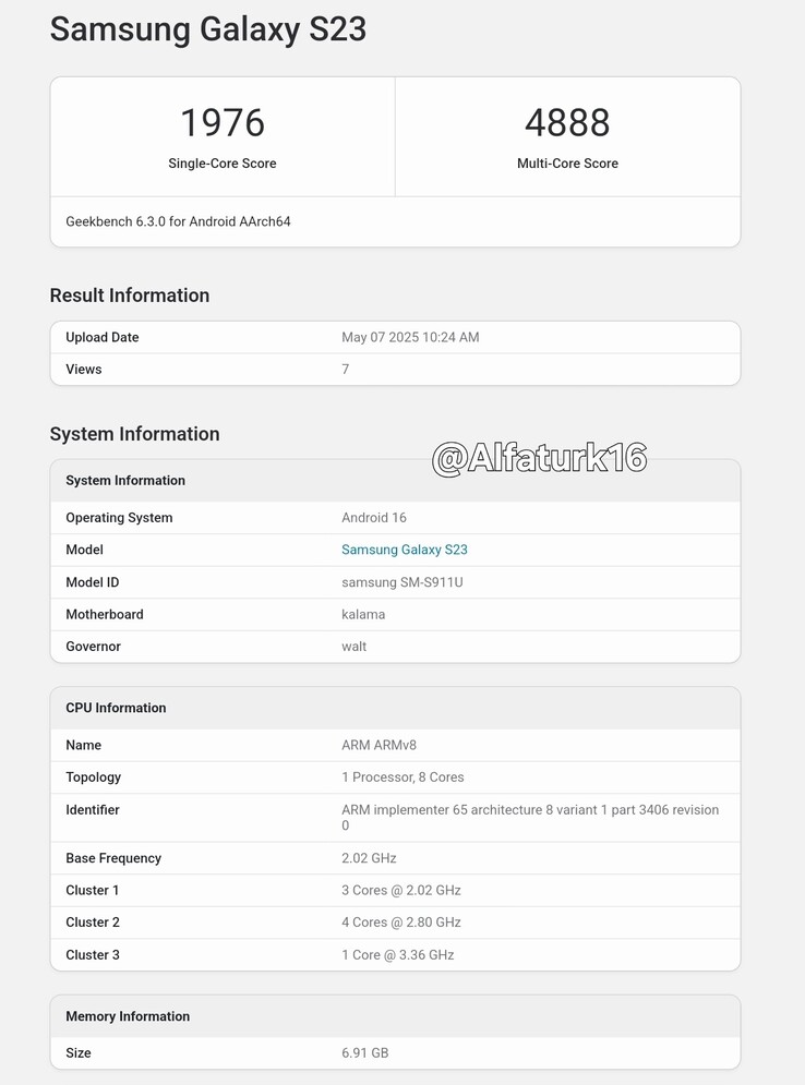 A "Galaxy S23" úgy tűnik, hogy a Geekbench-en a Android 16 fut. (Forrás: Geekbench via @Alfaturk16 on X)