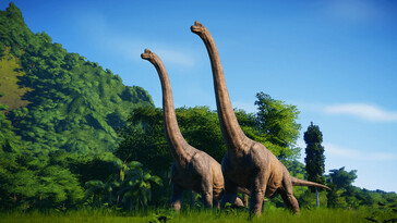 Két Brachiosaurust ábrázoló kép a Jurassic World Evolution című filmben.