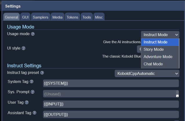 Az Instruct az LLM utasításainak megadására szolgál, a chat egy chatbothoz hasonlít, a story a regényszerű íráshoz, a adventure pedig az RPG stílusú interaktív fikcióhoz a legjobb.