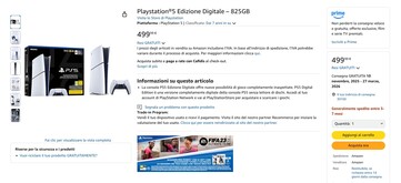 A 825 GB-os PS5 Digital Edition az Amazon Olaszországban kapható. (Kép forrása: Amazon)