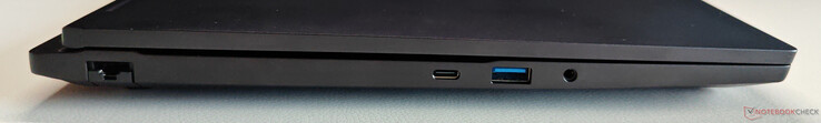 Balra: Gigabit Ethernet, USB-C 3.2 Gen.2 (10 GBit/s, DisplayPort 1.4a az iGPU-n keresztül, 100W Power Delivery), USB-A 3.2 Gen.1 (5 GBit/s), 3,5 mm-es hangszóró