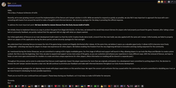 InZOI Denuvo eltávolításának bejelentése (Kép forrása: screenshot, InZOI discord)