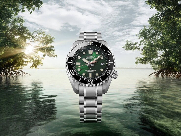 Seiko Marinemaster HBF003J1 rozsdamentes acél karkötővel, trópusi mangrovetáj előtt, a háttérben zöld lombokkal, nyugodt vízzel és napfénnyel.