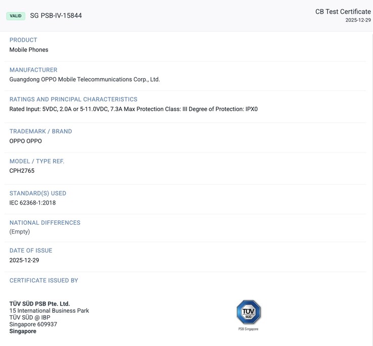 Az Oppo Find N6 TÜV SÜD tanúsítása. (Kép forrása: TÜV SÜD)