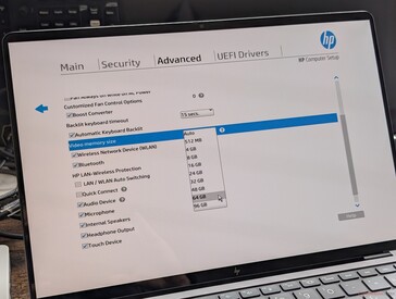 A GPU akár 96 GB-os beállításai. A HP figyelmeztet, hogy a "túlzott videomemória méret" hatással lehet a rendszer általános teljesítményére