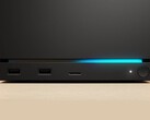 A Valve Steam Machine előlapja, két USB-porttal, egy USB-C porttal, egy bekapcsoló LED-del, egy kerek bekapcsológombbal és egy kék LED-csíkkal. (Kép forrása: Valve)