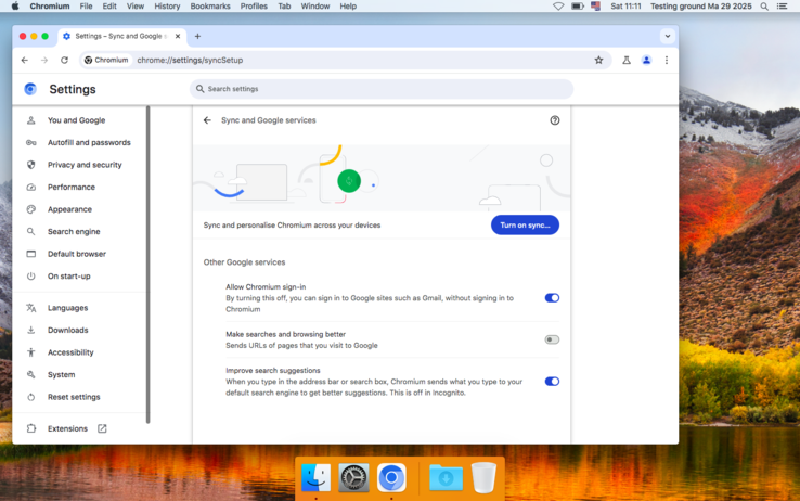 Chromium Legacy 127 macOS 10.13 rendszeren - a beállítások eléggé szabványosnak tűnnek (Kép forrása: Pillanatkép - Notebookcheck)