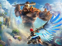 Fenyx izzó kék szárnyakkal szárnyal, miközben egy toronymagas tüzes óriással néz szembe az Immortals Fenyx Rising mitikus, nyílt világú környezetében. (Kép forrása: Ubisoft)