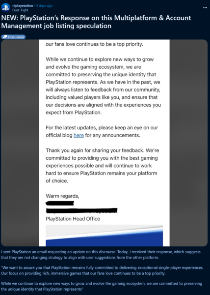 A PlayStation válasza a keresztplatformos PS5-játékokkal kapcsolatos panaszra (Kép forrása: screenshot, PlayStation subreddit)