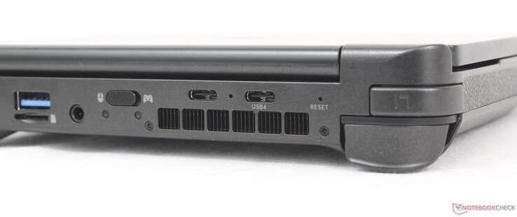 Hátul: USB-A (10 Gbps), MicroSD olvasó, 3,5 mm-es fejhallgató, Vezérlő/Eger kapcsoló, USB-C 3.2 Gen. 2 (10 Gbps), USB-C 4.0, Visszaállítás gomb