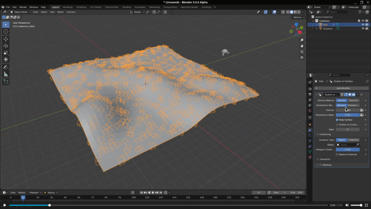 Blender 5.0 szórás a felület módosítón. (Kép forrása: Blender)