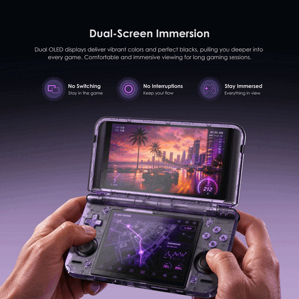 A Retroid Pocket Duo kettős OLED-kijelzővel rendelkezik.