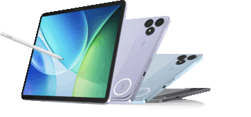 Blackview Zeno 6 táblagép érintőtollal, lila, kék és szürke hátlapok mellett bemutatva.