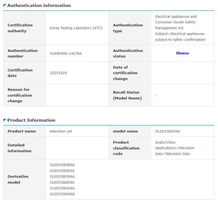 Egy képernyőmentés a Safety Korea adatbázisában nemrégiben megjelent listáról az LG B5 és B6 TV modellszámokkal. (Kép forrása: LG)