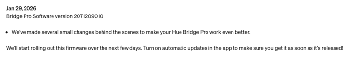 A Philips Hue Bridge Pro szoftver verziójának kiadási megjegyzései 2071209010 (azonos a Hue Bridge v2 frissítéssel). (Kép forrása: Pillanatkép a Philips Hue támogatási oldaláról)