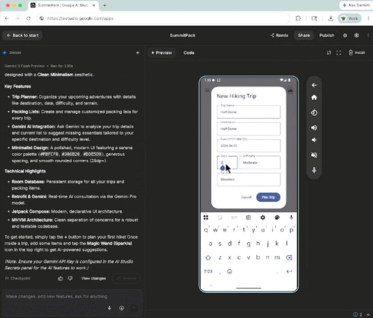 A Vibe-kódolt Gemini AI Studio alkalmazások futtathatók a Android telefon emulátorban online, vagy telepíthetők helyi telefonokra tesztelés céljából.