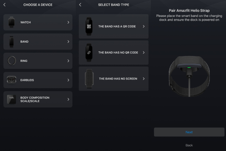 Az Amazfit Helio Strap szembesült a Zepp alkalmazásban (fenti képernyőképek). (Kép forrása: Zepp app)
