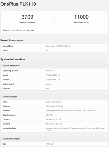 A OnePlus 15 Snapdragon 8 Elite Gen 5-tel megjelenik a Geekbench-en. (Kép forrása: Geekbench)