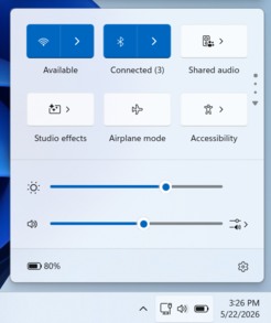 Az új „Megosztott hang” csempe a Windows 11 Gyorsbeállítások panelen.