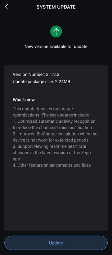 Az Amazfit Helio Strap 3.1.2.3 verziójának kiadási megjegyzései. (Kép forrása: u/FluffyMousse6975 via Reddit)