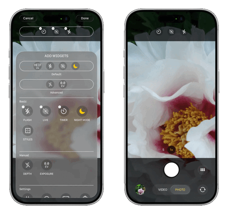 Az iOS 27 Kamera alkalmazás újratervezésre kerül, hogy teljesen testreszabható legyen a vezérlési lehetőségek sokaságával (balra), míg a fő fotózási felület várhatóan a vezérlőelemeket a felső középső részbe helyezi.