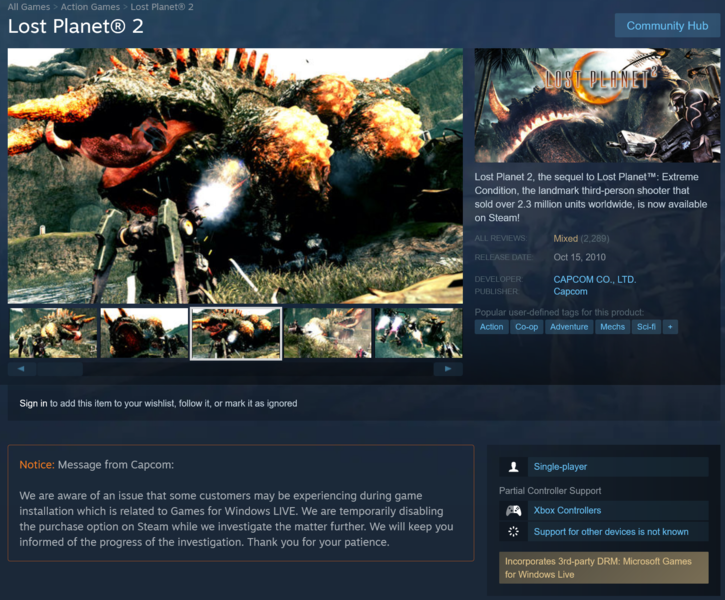 A Lost Planet 2 Steam oldala a Capcom frissítésével a multiplayerről (Kép forrása: Steam)