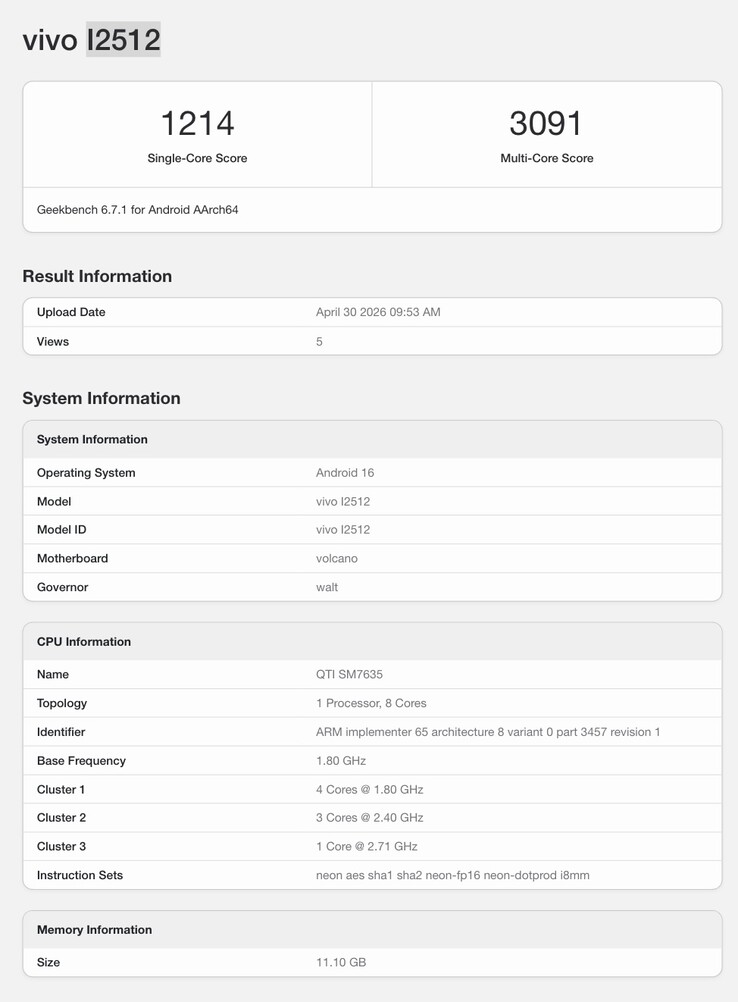 A iQoo Z11 Geekbench listája.