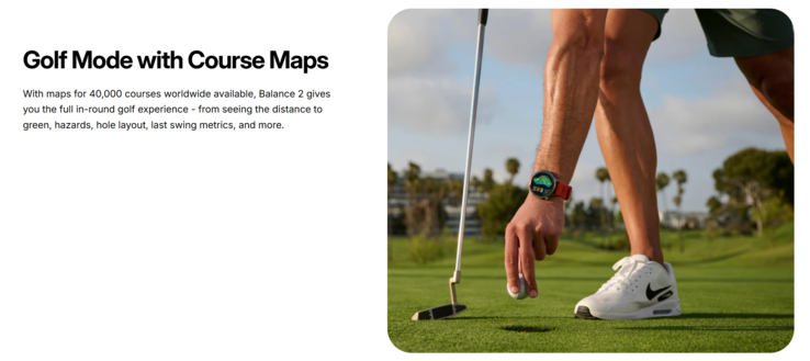 Az Amazfit Balance 2 okosóra golf üzemmódját hirdették a terméklistákon (fenti képernyőkép). (Kép forrása: Amazfit)