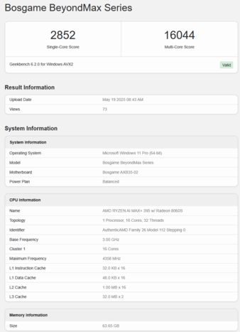 Bosgame M5 AI Mini Desktop a Geekbench-en (kép forrása: Geekbench)