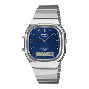 Casio AQ-240E-2A2 retro analóg-digitális karóra kék napfényes számlappal, ezüst színű tokgal és rozsdamentes acél karkötővel.
