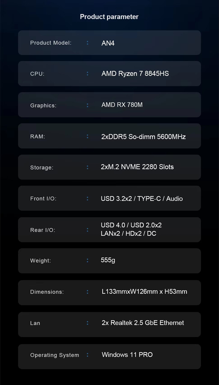 A mini PC teljes specifikációja (Kép forrása: Chatreey)