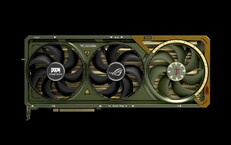 A ROG Astral GeForce RTX 5080 zöld és arany színben pompázik, akárcsak a Doom Slayer öltözéke. (Image source: Asus/Bethesda