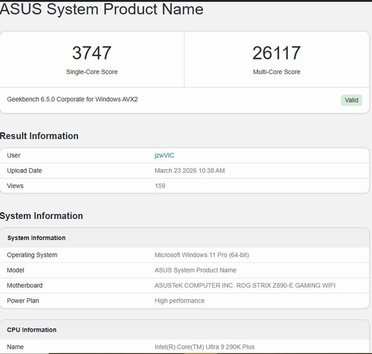 Core Ultra 9 290K Plus Geekbench 6.5 teljesítmény.