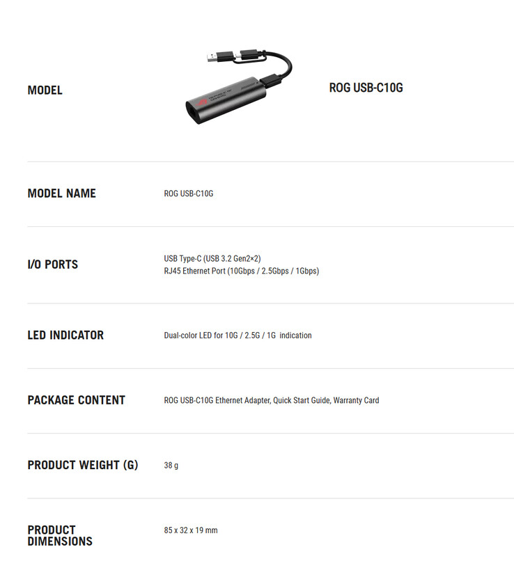 A ROG USB-C10G teljes műszaki adatai